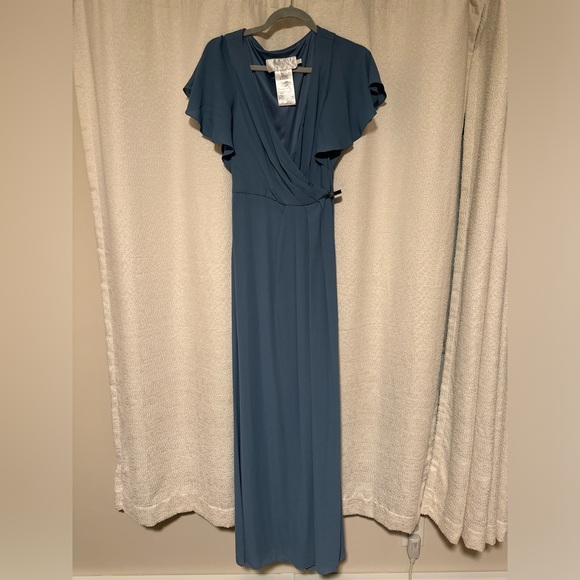 David’s Bridal Studio Flutter Sleeve Georgette Wrap Dress Steel Blue Size 6 - Picture 3 of 7